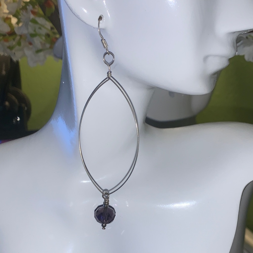 Pulse Design Silver Loop Earrings with Purple Bead - Women Jewelry